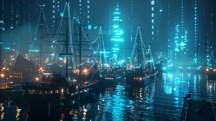 Poster - A digital rendering of a harbor at night, filled with ships and glowing with blue light. The water reflects the city lights and digital data streams above.