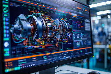 close-up shot of a computer screen displaying a 3D CAD software program designing an industrial engine model. The image captures the intricacies of digital manufacturing