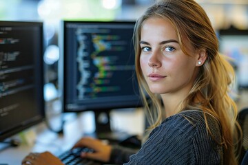 Young woman coding on computer with two monitors in office.