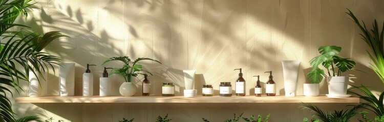 Wall Mural - Tropical Inspired Beauty Products Displayed on Shelf in Sunlight