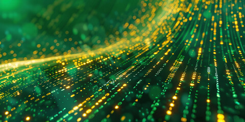 A flowing stream of binary code in shades of green and yellow, symbolizing the transfer of data and technology.