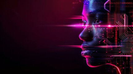 Wall Mural - a close up profile of a person's face overlaid with circuitry and glowing lights