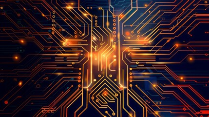 Wall Mural - abstract digital circuitry pattern with orange lines and glowing spots