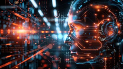 Wall Mural - digital human portrait with circuitry and data flow
