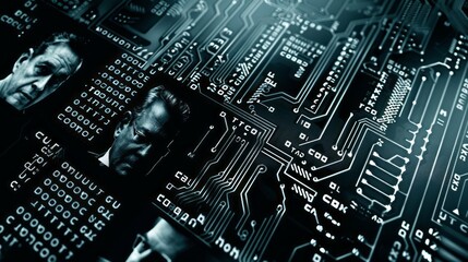 Close Up of Circuit Board With Overlapping Images of Men