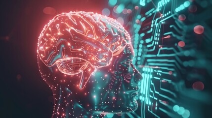 Wall Mural - digital human brain with circuitry and glowing lights