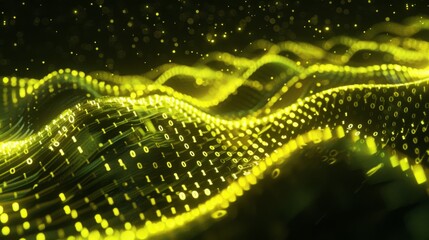 Leinwandbilder - Abstract digital waves form from glowing binary code, creating a dynamic and futuristic background.