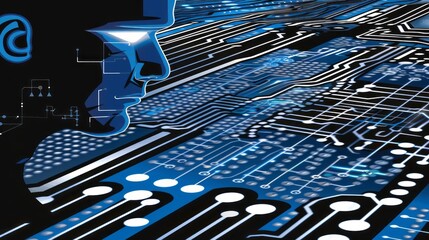 Wall Mural - digital human face over circuit board design