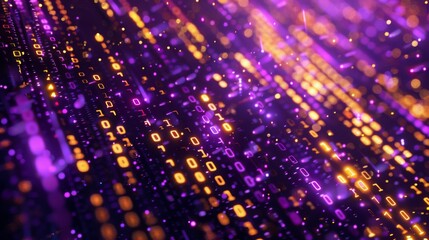 Leinwandbilder - A close-up view of a digital binary code background, featuring glowing purple and orange lights that create a sense of movement and energy.