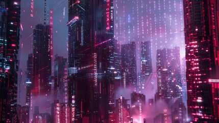 Leinwandbilder - The image depicts a futuristic cityscape at night, with tall buildings lit up in vibrant pink and blue hues. Binary code streams down from the sky, creating a visually striking scene.