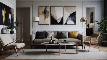 Wall Mural - Stylish apartment interior featuring Scandinavian design elements, abstract paintings, and personal touches