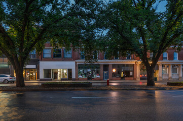 Wet night street with historic buildings in Moose Jaw, Saskatchewan, Canada