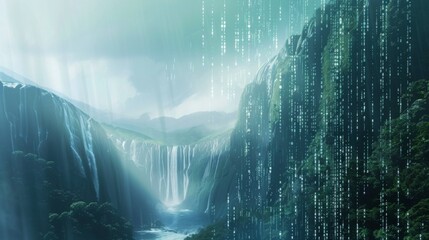 Poster - A digital code waterfall flows through a lush green valley with multiple cascading waterfalls.