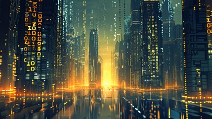 Leinwandbilder - A digital city with tall towers covered in binary code, illuminated by a glowing orange sunset reflecting in the wet street below.