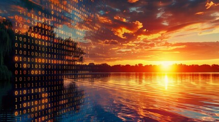 Aufkleber - A sunset over a lake with binary code overlay, blending nature with technology in a scenic view