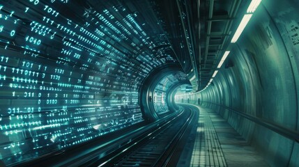 Poster - A tunnel lined with binary code, illuminated by a bright light at the end, creating a futuristic and abstract vision.