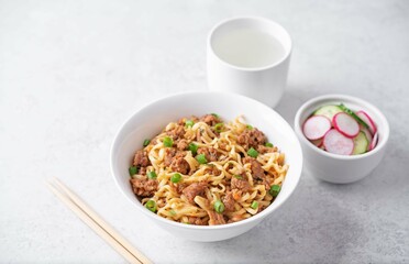 Poster - Ground meat spicy ramen noodles in a bowl