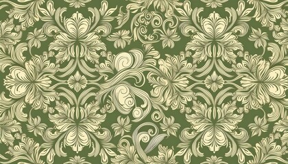 Canvas Print - Seamless beige Damask pattern on a green background. Floral abstract repeat monochrome background.background