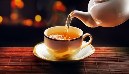 Wall Mural - tea pouring from teapot into cupbackground