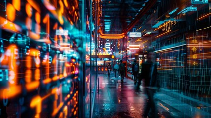 Poster - A vibrant city street lined with glowing neon signs at night. People walk through the street, creating a sense of movement.