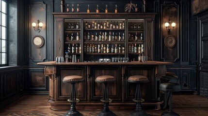 The interior of a traditional or British pub or bar with a wooden paneling is depicted in this image