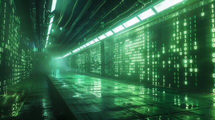 Leinwandbilder - A futuristic corridor lined with glowing walls displaying binary code. Green lights illuminate the walkway, reflecting on the wet, tiled floor.