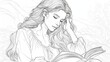 © Elkhan Babayev - Coloring page/book of a girl reading a book, suitable for drawing, painting, or coloring. Digital and printable formats available. High-quality resolution (300 dpi) for sharp and vibrant results.
