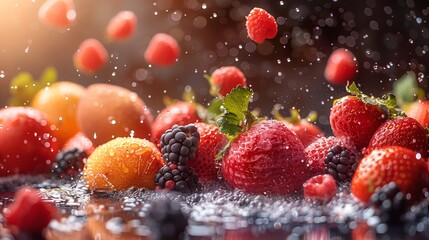 Sticker - Fresh Red and Orange Fruit and Berries in Water Splashes