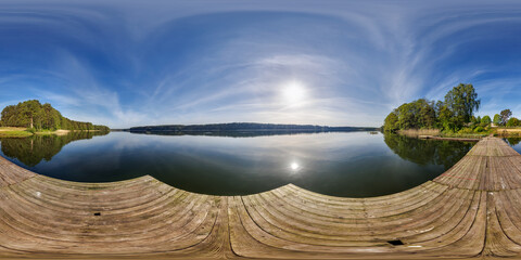 Wall Mural - full seamless spherical hdri 360 panorama on wooden pier of lake or river in morning or sunset in equirectangular projection, VR content