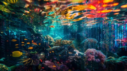 Aufkleber - A vibrant underwater scene with colorful coral and fish swimming in a reef, with a digital code overlay.