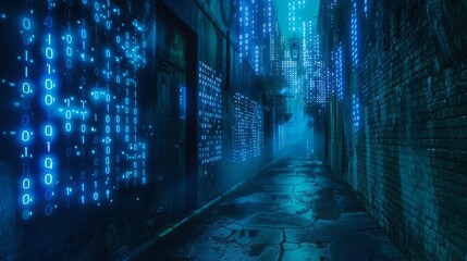 Fototapete - A dark, narrow alleyway illuminated by blue glowing binary code patterns.