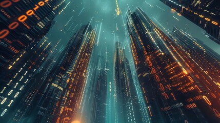 Leinwandbilder - A digital cityscape with towering skyscrapers made of binary code, viewed from a low angle, showing a vast expanse of glowing, futuristic architecture.