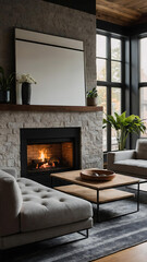 Wall Mural - A luxury living room scene with a fireplace