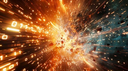 Poster - A fiery explosion in a digital space, filled with glowing binary code and streaks of light.