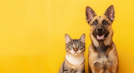 Smiling dog and curious cat posing together against a vibrant yellow background, With copy space for text.