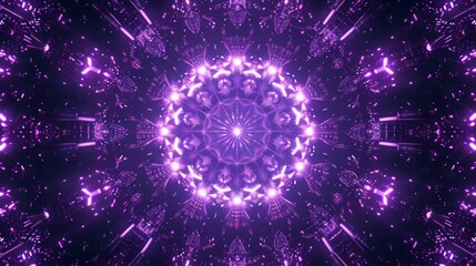 Wall Mural - A glowing purple geometric pattern with a central circle surrounded by radiating lines and shapes. The pattern is repeated throughout the image, creating a kaleidoscope effect.