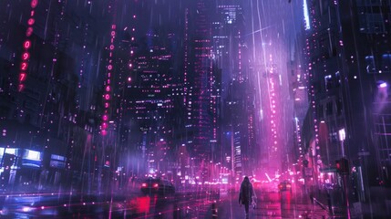 Poster - A lone figure walks down a wet city street, illuminated by bright neon lights. Tall buildings line the street, with a digital rain falling from the sky.