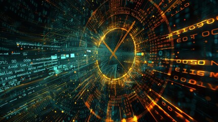 Poster - A digital clock with glowing orange numbers and lines of code in green and blue, creating a futuristic and tech-heavy aesthetic.