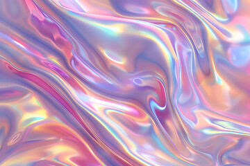 A vibrant, abstract holographic pattern with iridescent swirls and fluid shapes in pastel colors