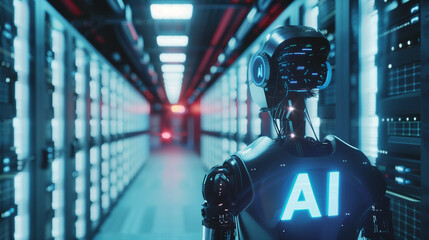 Ai powered robot stands in a server room with an artificial intelligence emblem displayed on its chest - symbol for the large consumption of computing power through AI