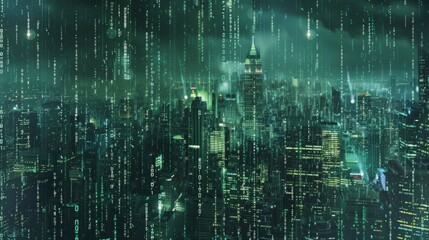Leinwandbilder - A city skyline at night with green digital rain falling over it.