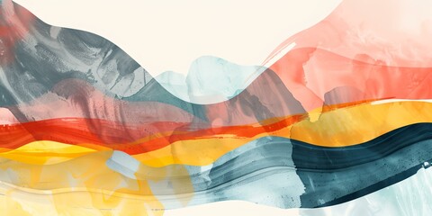 Canvas Print - a painting of mountains and a valley with a blue and yellow line. the painting is abstract and has a