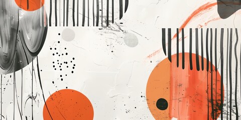 Wall Mural - A painting with a white background and orange and black circles. The circles are of different sizes and are scattered all over the painting. The painting has a chaotic and abstract feel to it