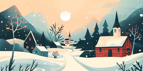 Wall Mural - A winter scene with a red house and a church. The sky is blue and the sun is setting