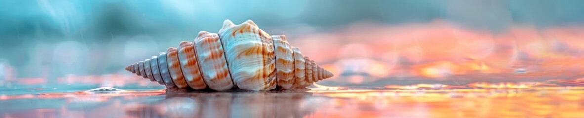 Wall Mural - A close up of shell is sitting on a wooden surface. Free copy space for banner.