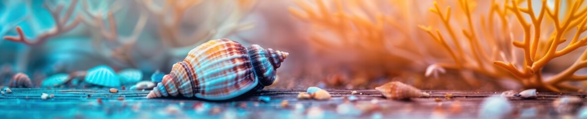Wall Mural - A close up of shell is sitting on a wooden surface. Free copy space for banner.