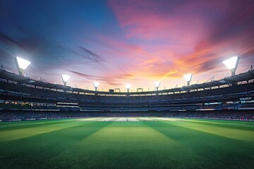 A sweeping panoramic view of Melbourne Cricket Ground at twilight, showcasing the stadium's vastness under a gradient sky with floodlights illuminating the field.