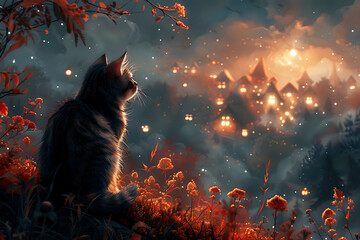 Wall Mural - Enchanting scene of a cat sitting in a field, gazing at a glowing village in the distance under a starry sky. Perfect for fantasy themes, storytelling projects, or whimsical designs that evoke a sense