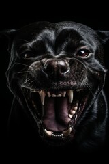 intense close-up of an aggressive dog with piercing teeth.