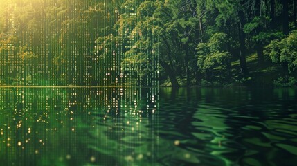 Aufkleber - A serene lake nestled in a dense forest, with a digital code overlay reflecting on the still water.